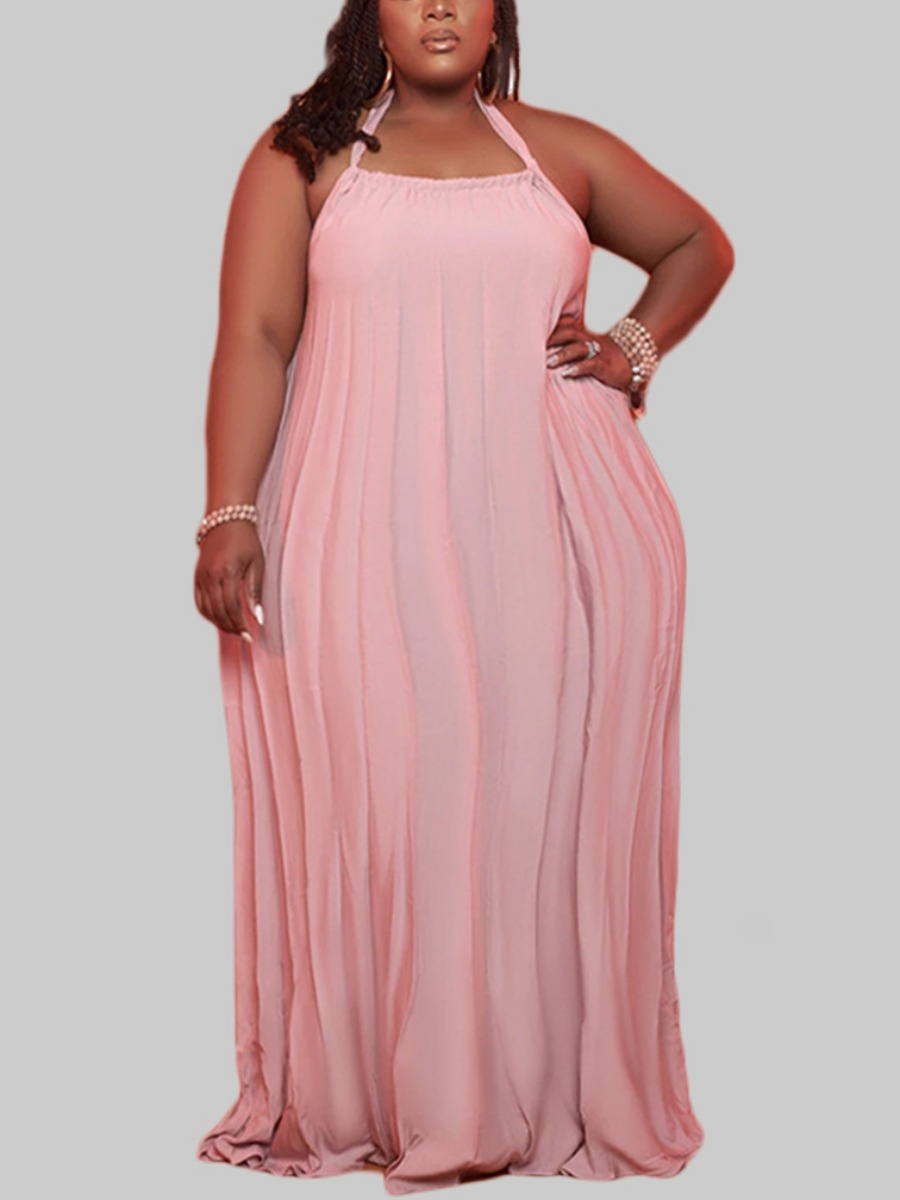 

Lovely Plus Size Casual U Neck Fold Design Pink Floor Length Dress