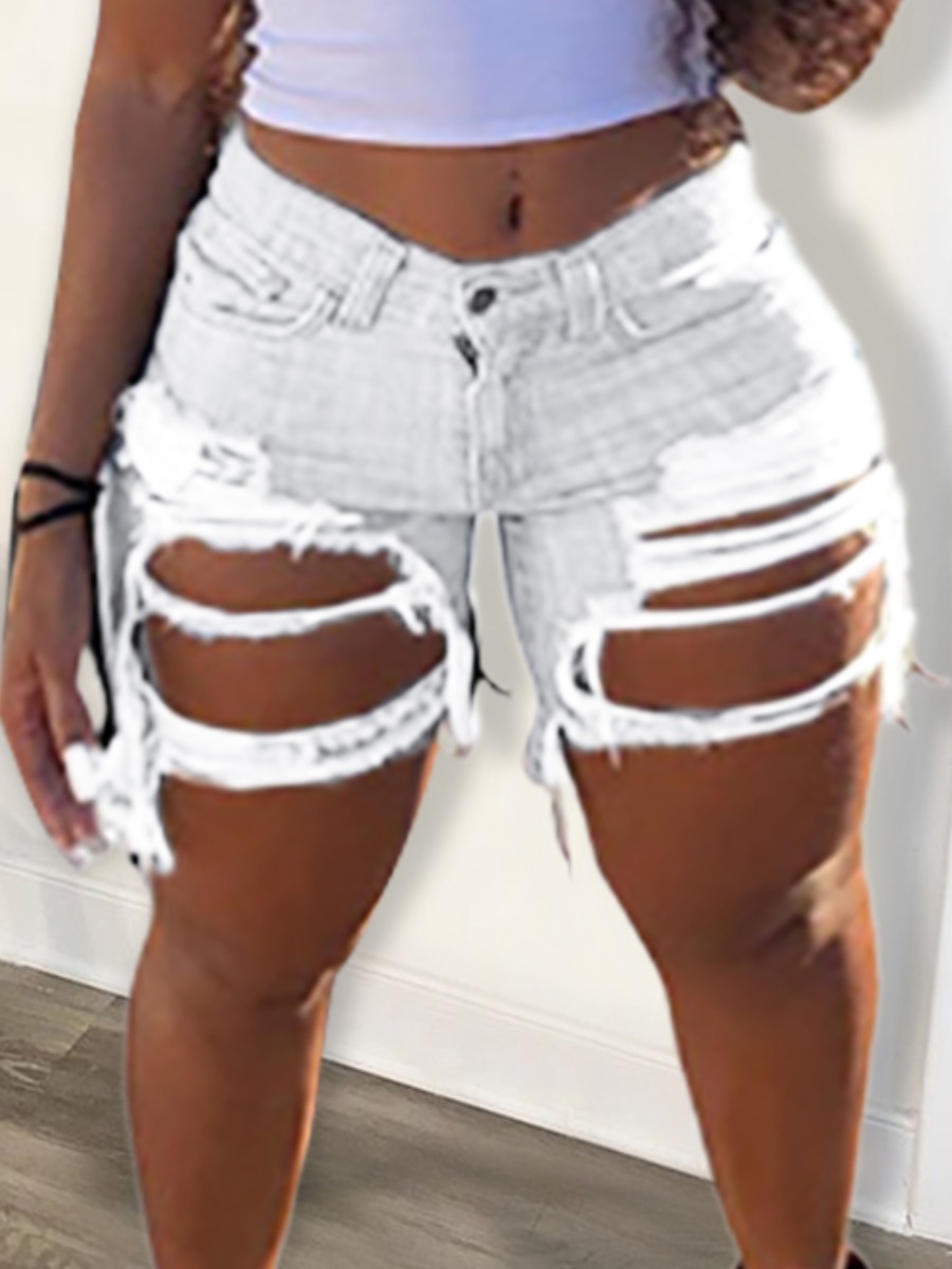 

Lovely Plus Size Street Mid Waist Ripped White Denim Shorts