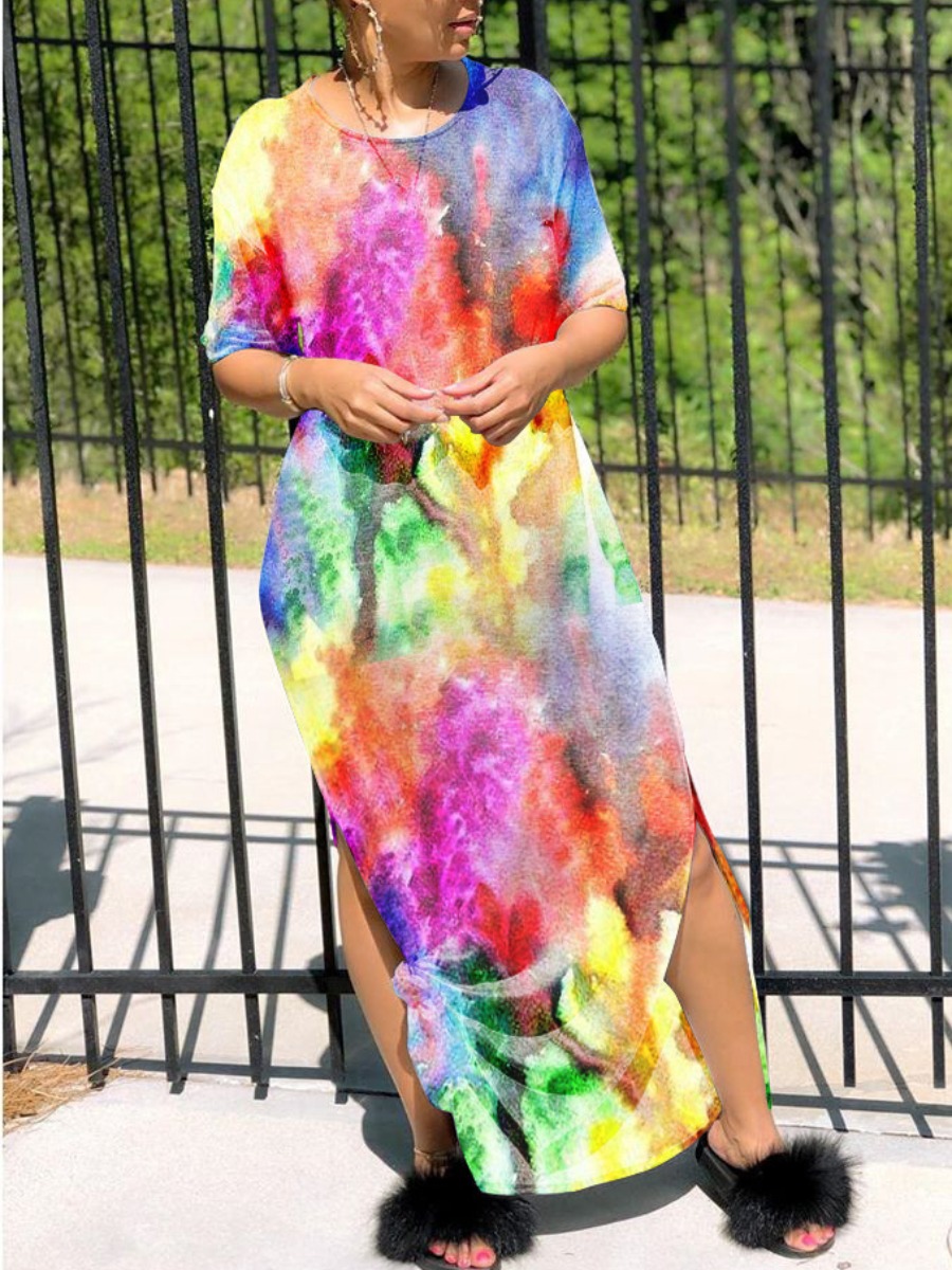 

Lovely Street Tie Dye Split Multicolor Ankle Length Dress, Multi