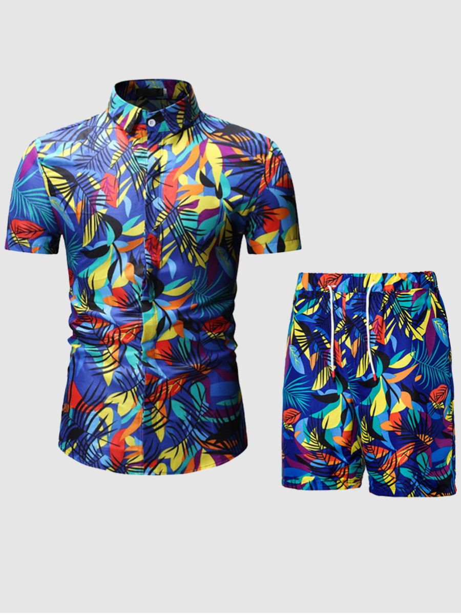 

Lovely Men Boho Floral Print Drawstring Blue Two Piece Shorts Set