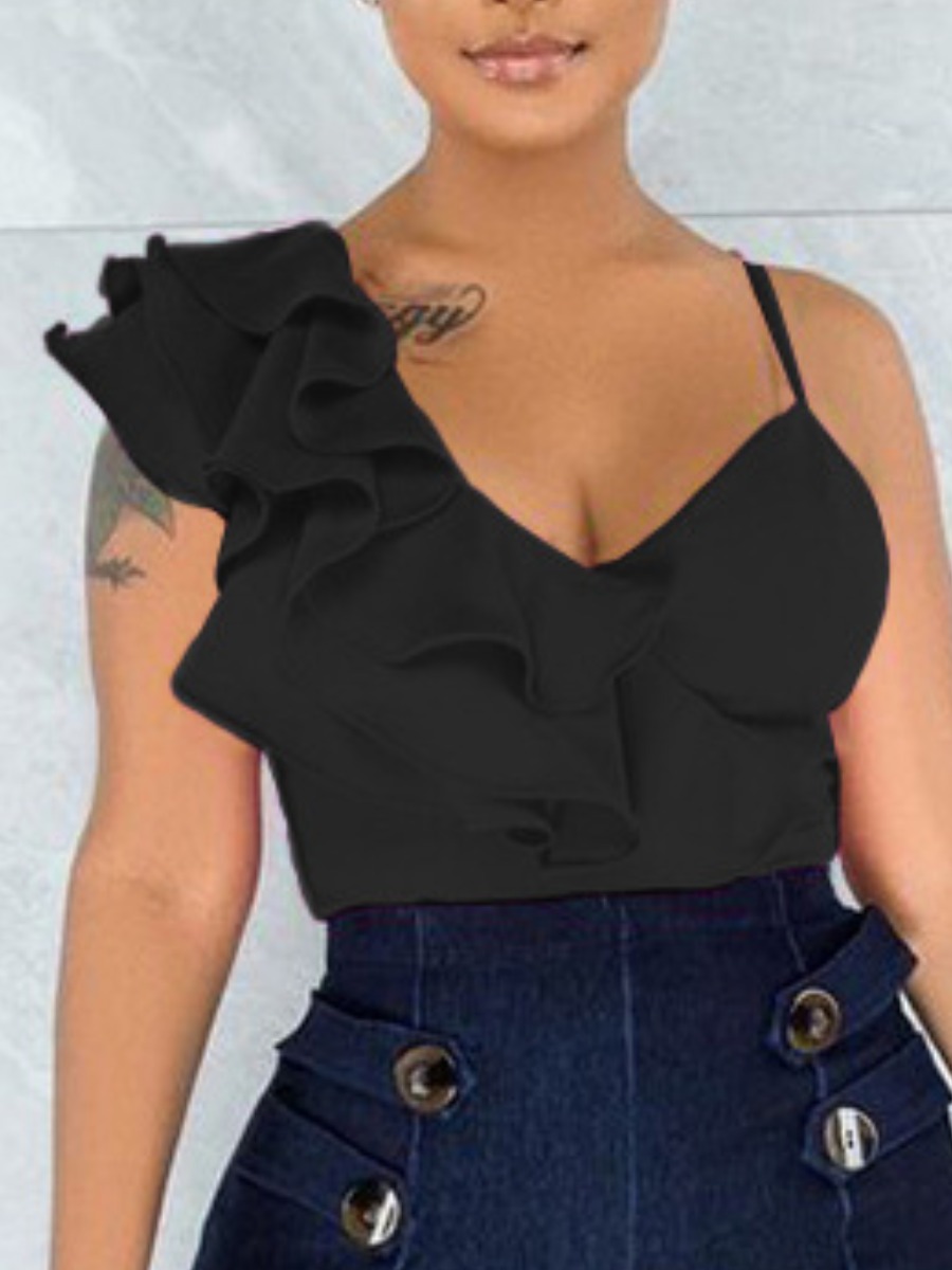 

Lovely Sweet V Neck Flounce Design Black Camisole