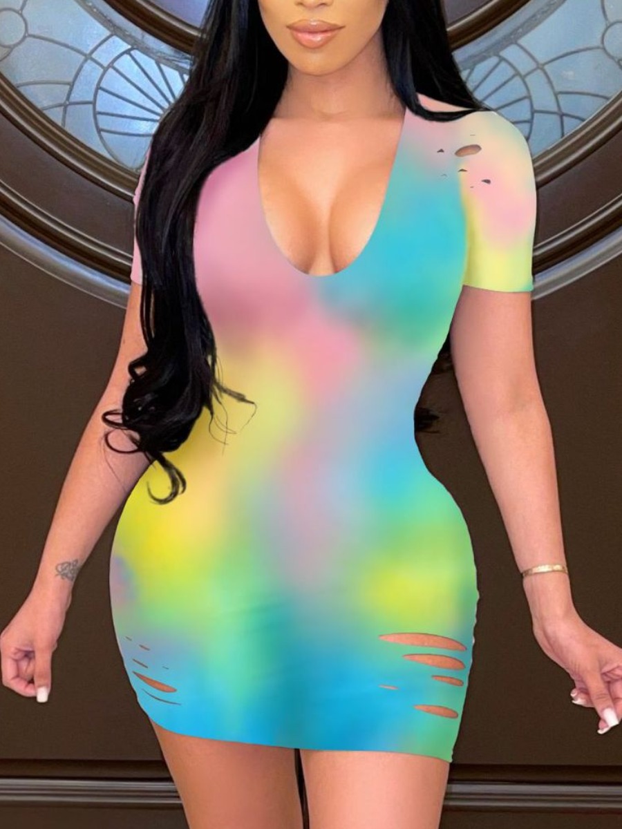 

Lovely Casual Tie-dye Ripped Multicolor Mini Dress, Multi