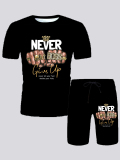 LW Men Street Crown Letter Print Black Two Piece Shorts Set