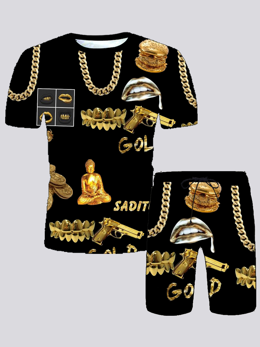 LovelyWholesale Men Street Crown Chain Print Black Two Piece Shorts Set Summer Short Sleeve Street Graffiti Element Round Neck Spring Summer 2024