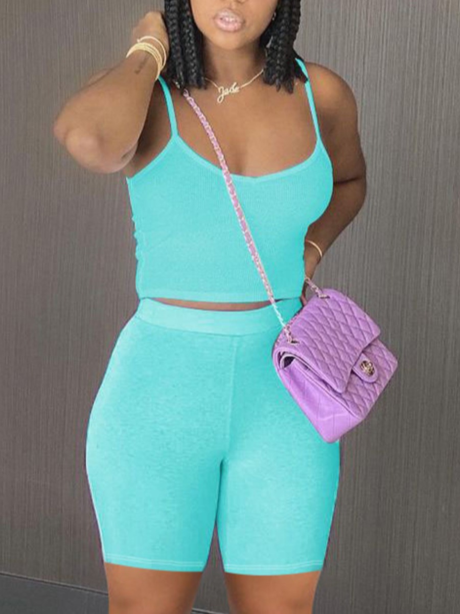

Lovely Casual U Neck Basic Skinny Acid Blue Two Piece Shorts Set