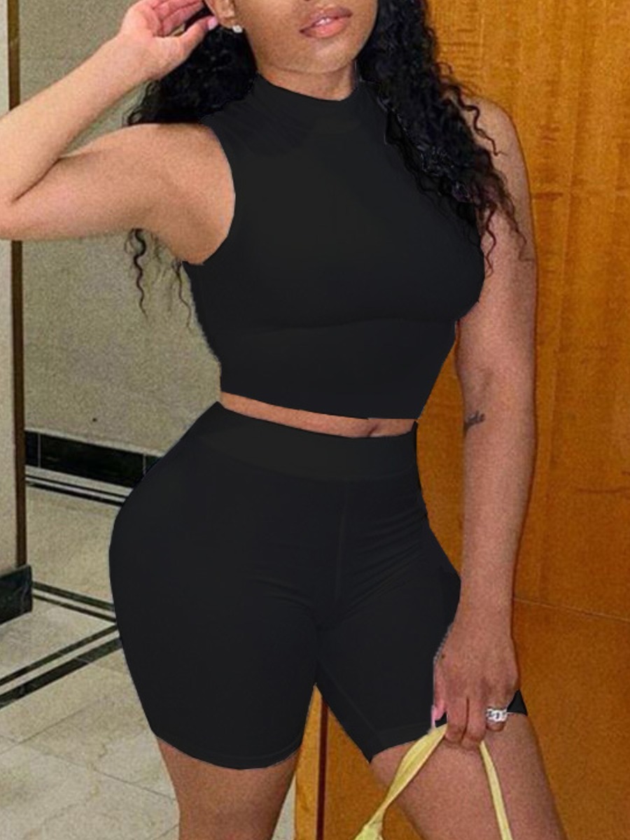 

Lovely Sporty Half A Turtleneck Basic Skinny Black Two Piece Shorts Set