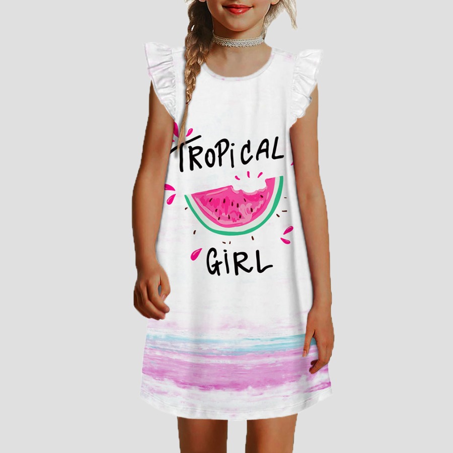 

Lovely Girl Casual Watermelon Letter Print Flounce Design White Knee Length Dress