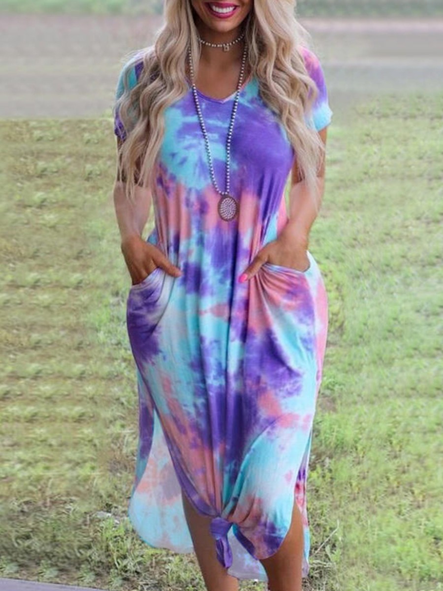 

Lovely Plus Size Street Tie-dye Split Blue Knee Length Dress