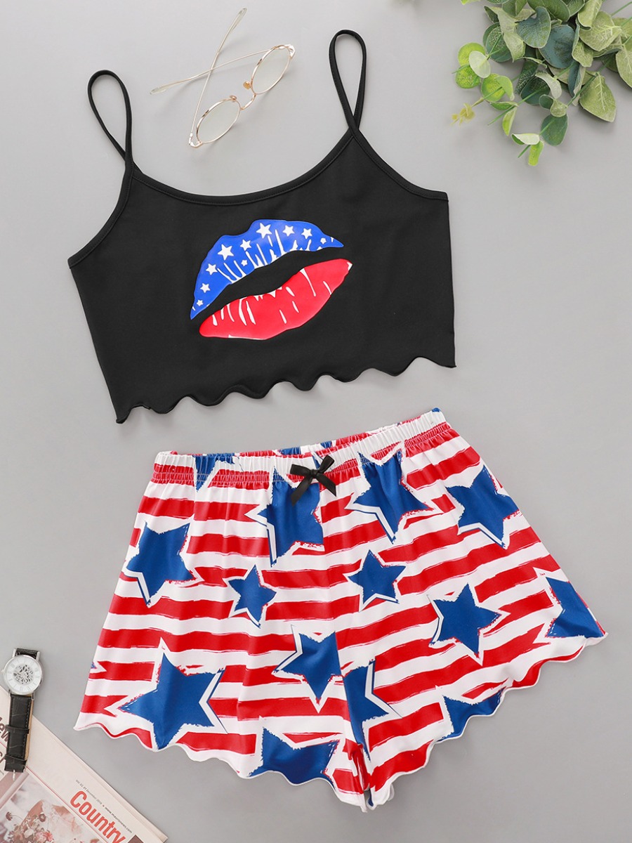 

Lovely Casual Star Lip Print Striped Blue Sleepwear