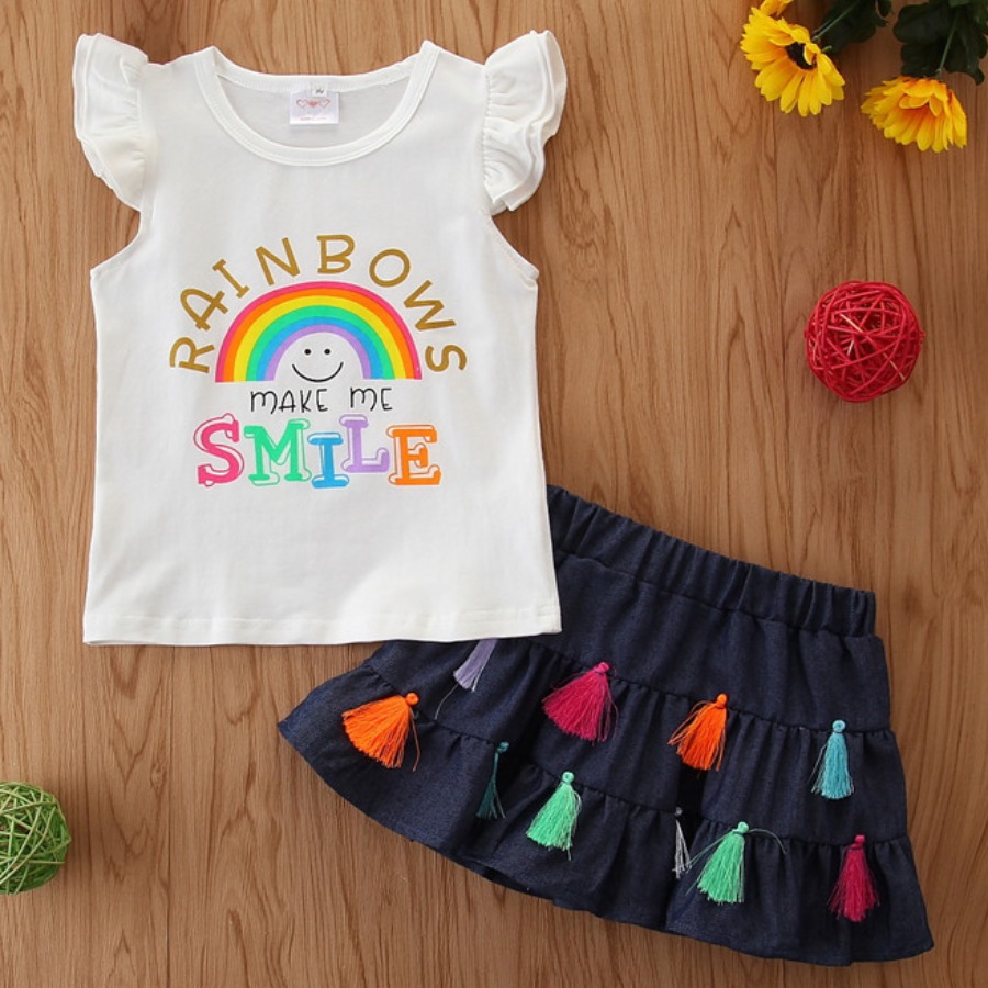 

Lovely Girl Casual Rainbow Letter Print Flounce Design White Two Piece Skirt Set