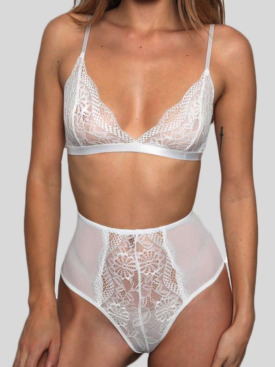 

Lovely Sexy V Neck See-through White Bra Set
