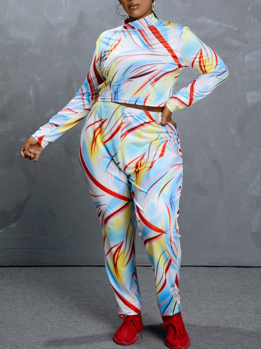 

Lovely Plus Size Street Half A Turtleneck Print Multicolor Two-piece Pants Set, Multi