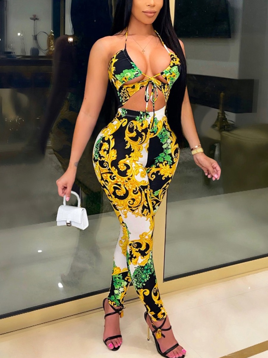 

Lovely Sexy Print Bandage Design Green Two Piece Pants Set