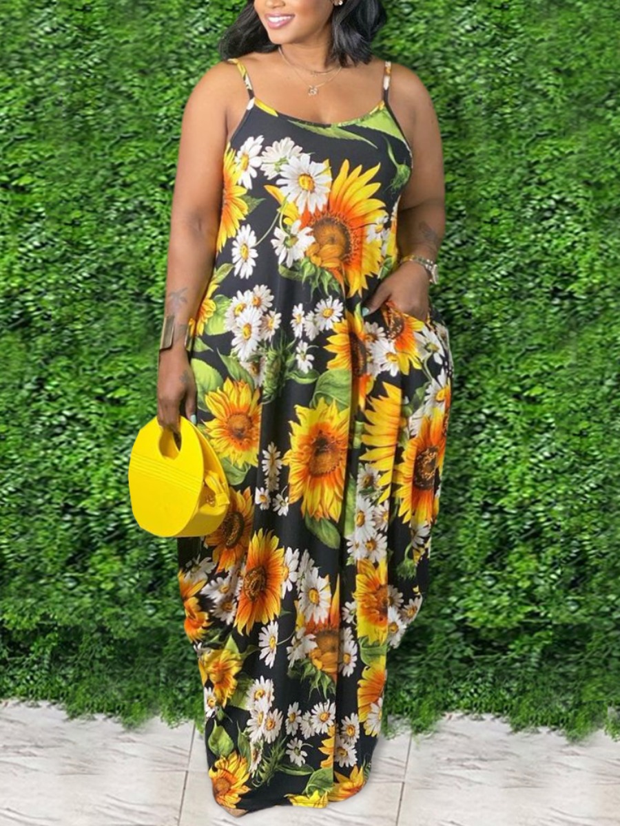 

Lovely Plus Size Boho Floral Print Patchwork Yellow Floor Length Dress