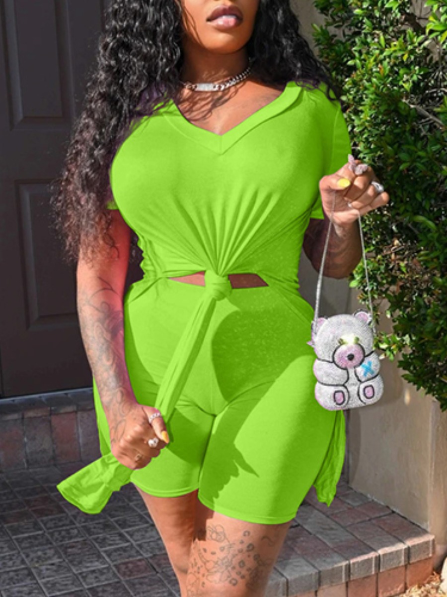 

Lovely Casual V Neck Split Green Two Piece Shorts Set
