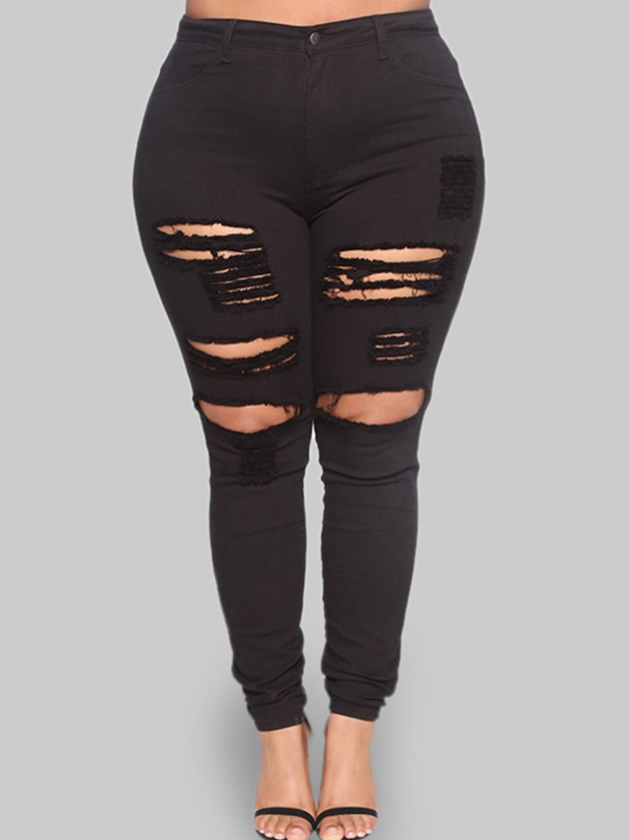 

Lovely Plus Size Street Mid Waist Ripped Black Jeans