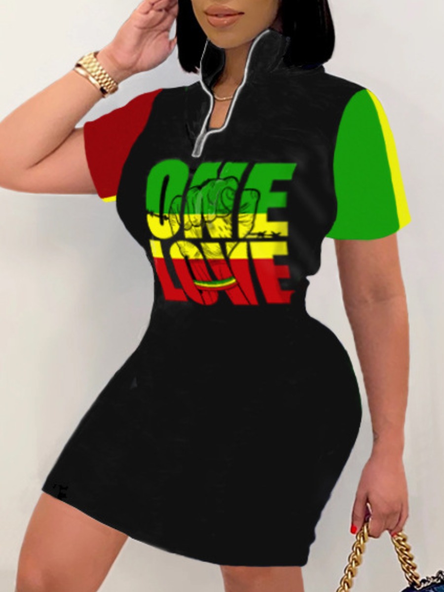 

Lovely Plus Size Street Mandarin Collar Letter Print Black Mini Dress