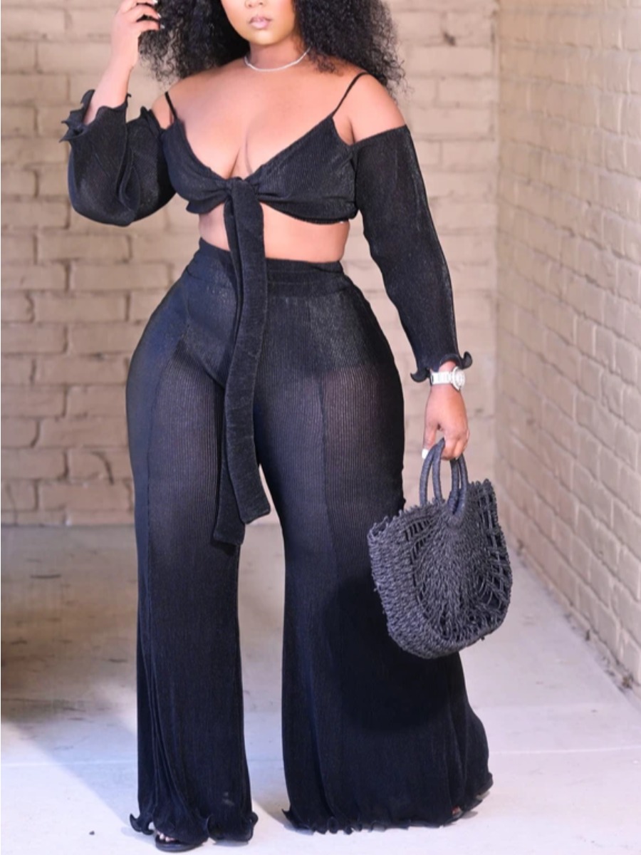 

Lovely Plus Size Casual Lettuce Trim Bandage Design Black Two-piece Pants Set
