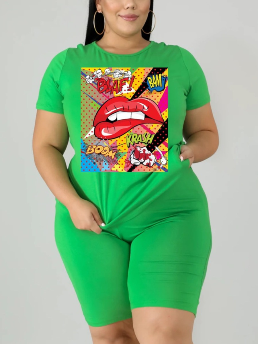 

Lovely Plus Size Casual Lip Letter Print Green Two-piece Shorts Set
