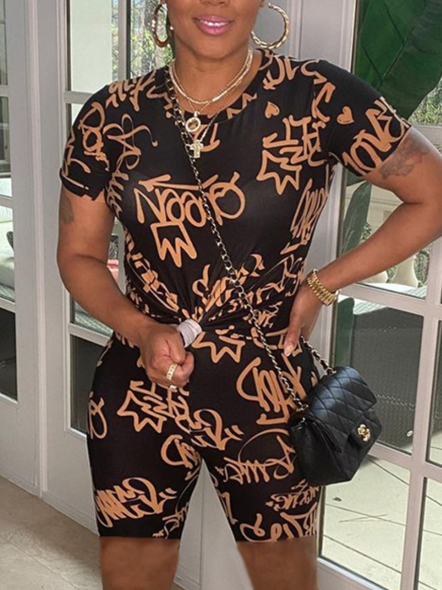 

LW Casual O Neck Letter Print Black Two Piece Shorts Set