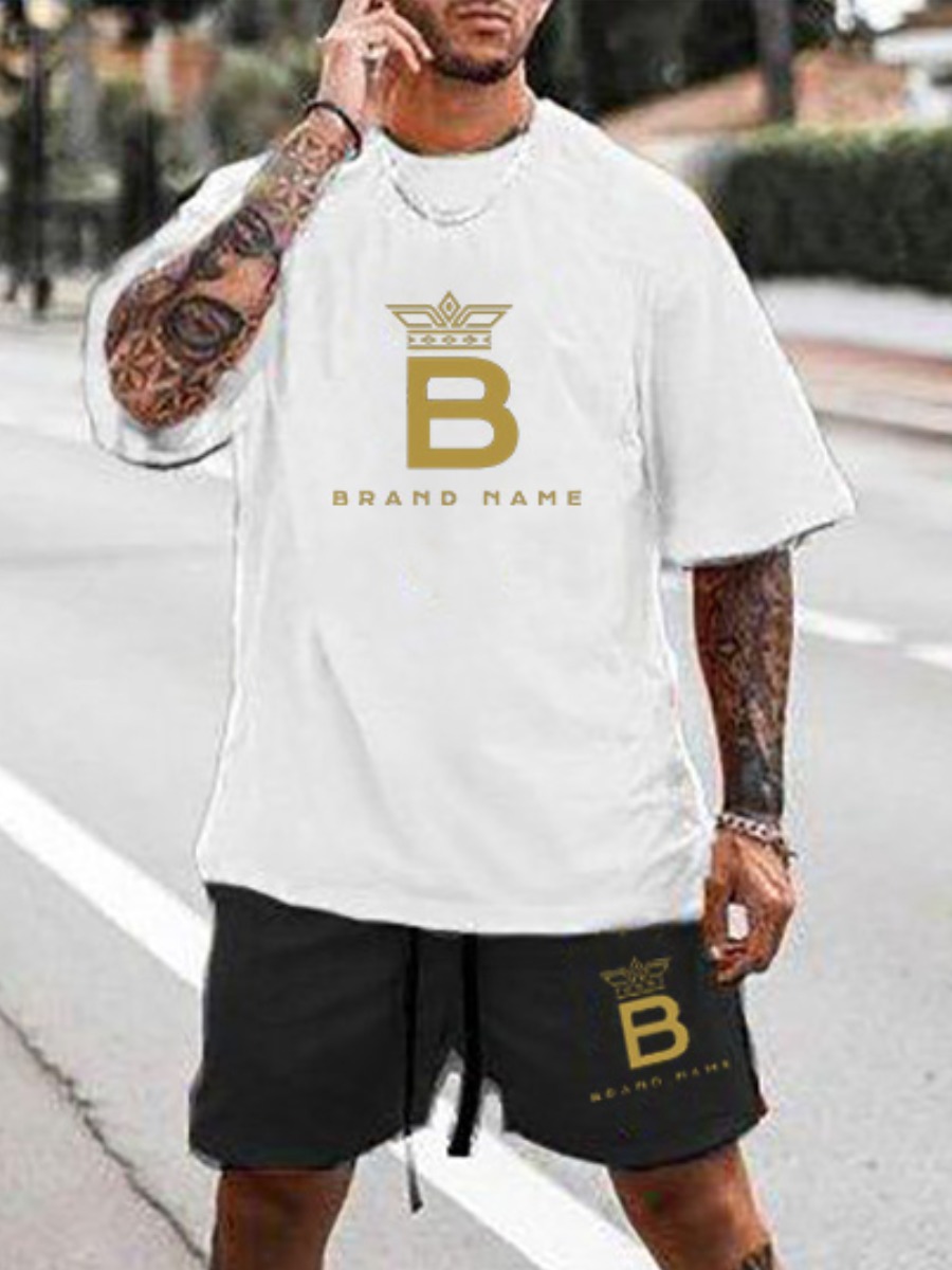 

Lovely Men Street Dropped Shoulder Letter Print White Two Piece Shorts Set