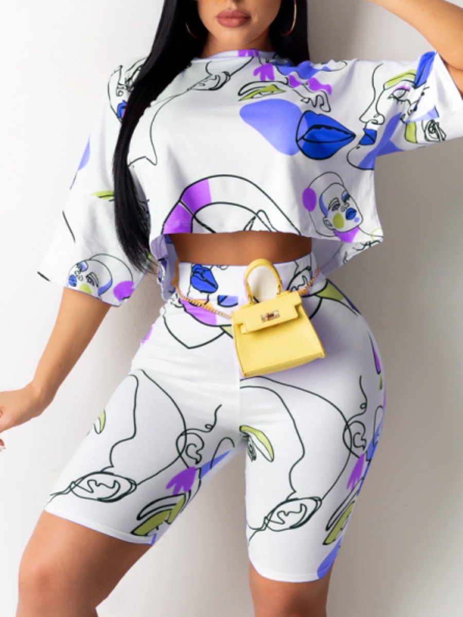 

Lovely Casual Dopped Shoulder Graffiti Print Blue Two Piece Shorts Set