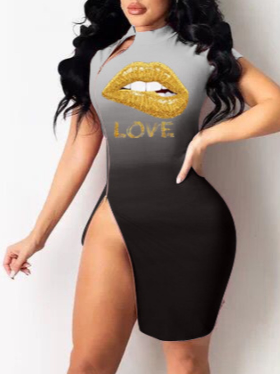 

LW Street Lip Print Zipper Design Black Knee Length Dress