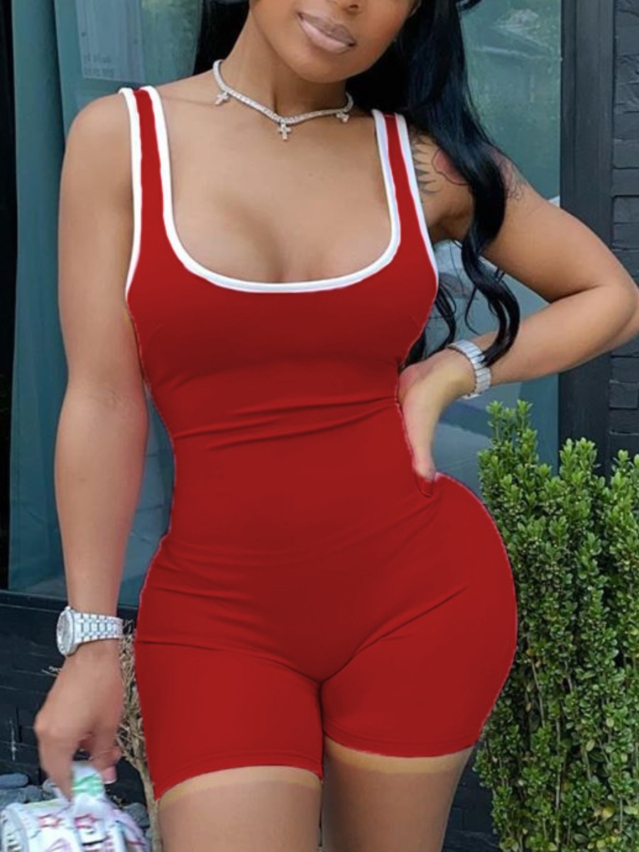 

Lovely Sporty U Neck Basic Skinny Red One-piece Romper