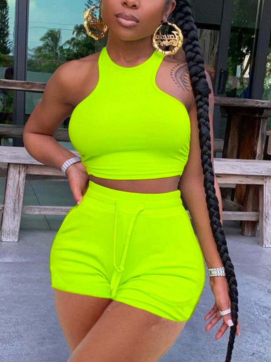 

LW Street O Neck Drawstring Green Two Piece Shorts Set