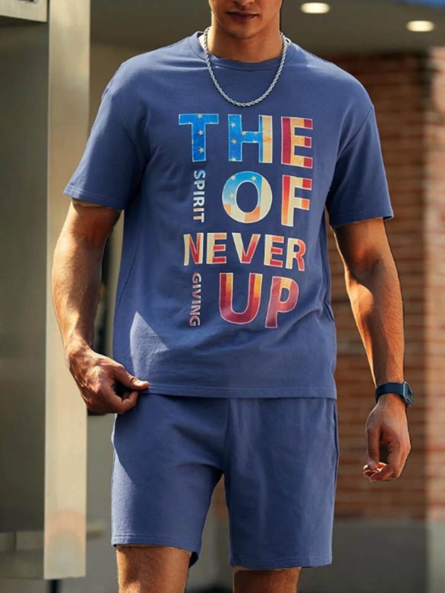 

Lovely Men Casual O Neck Letter Print Deep Blue Two Piece Shorts Set