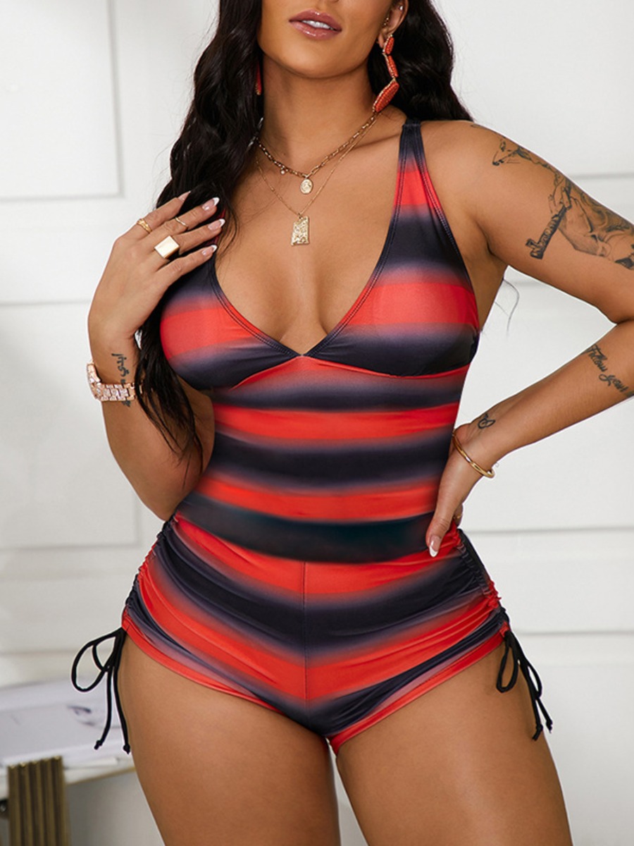 

LW BASICS Boho Backless Striped Drawstring Red One-piece Swimsuit