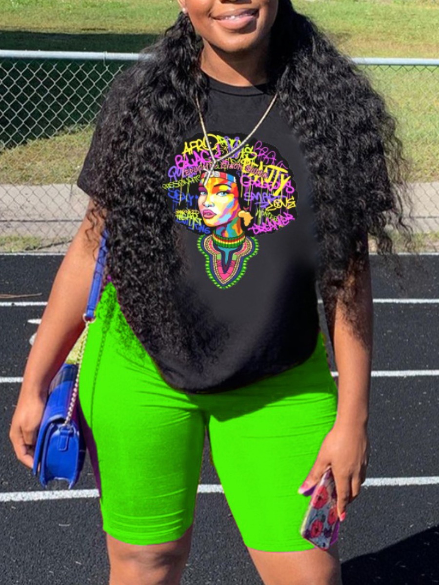 

Lovely Plus Size Street Graffiti Letter Print Green Two-piece Shorts Set