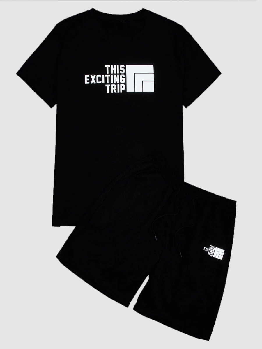 

Lovely Men Casual O Neck Letter Print Black Two Piece Shorts Set