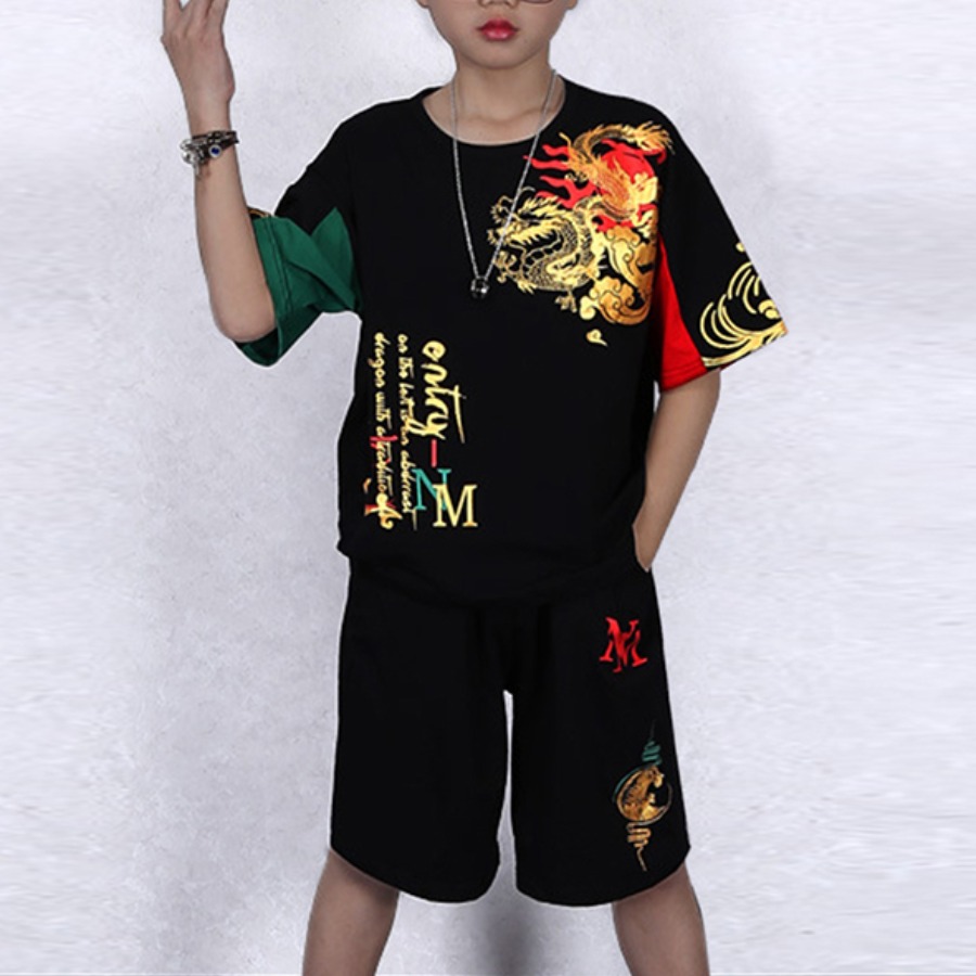 

Lovely Boy Street Dragon Letter Print Black Two Piece Shorts Set