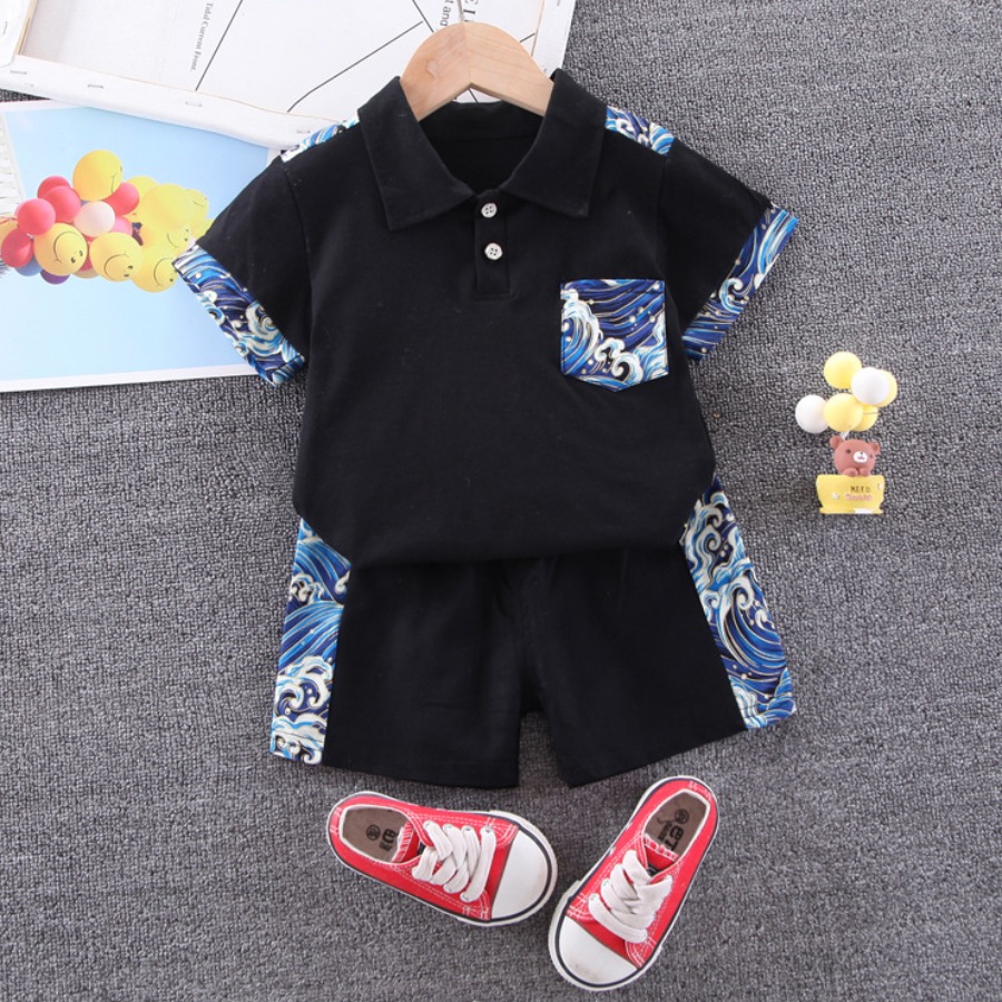

Lovely Boy Casual Print Patchwork Black Two Piece Shorts Set
