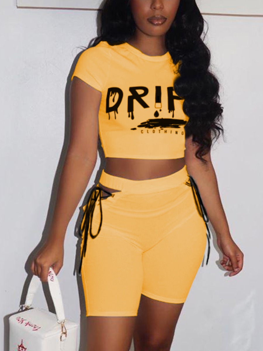 

Lovely Chic Letter Print Bandage Hollow-out Design Light Yellow Two Piece Shorts Set