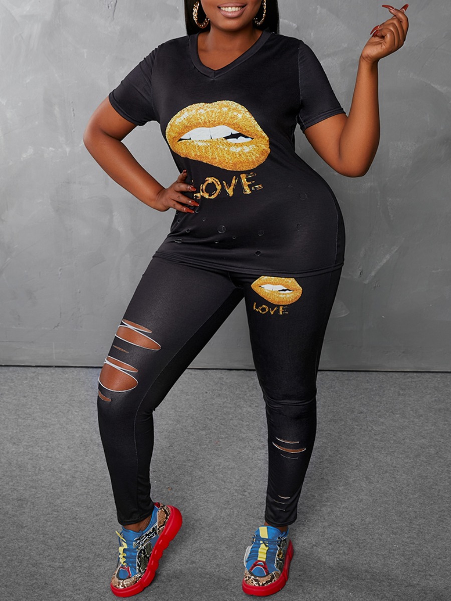 

Lovely Plus Size Street Lip Print Ripped Black Two-piece Pants Set