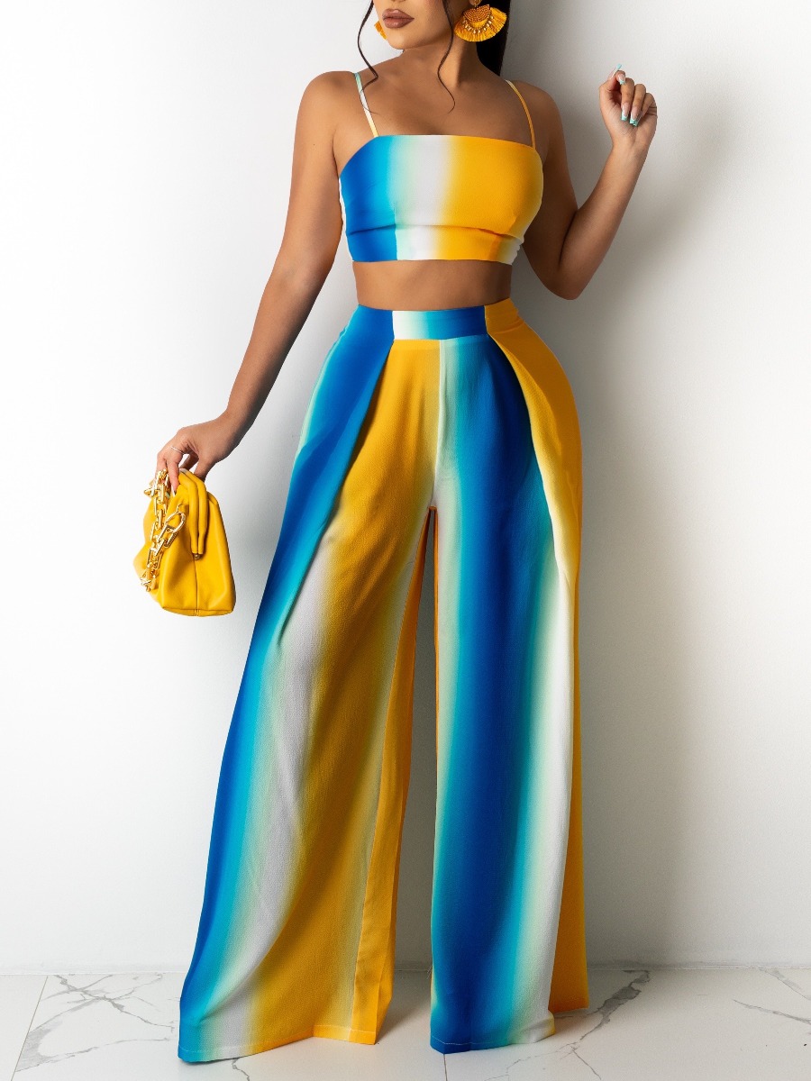 

Lovely Boho Striped Bandage Design Blue Two Piece Pants Set