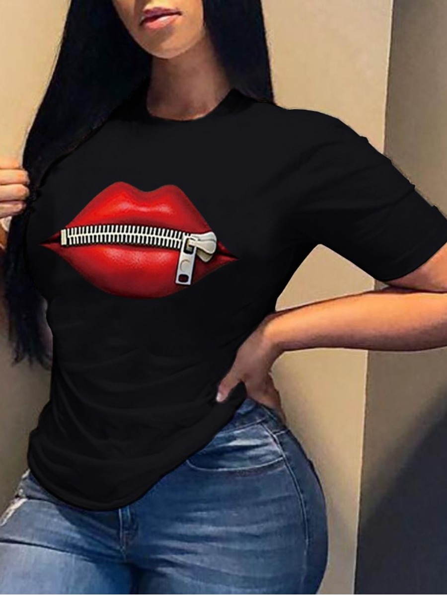 

Lovely Plus Size Street O Neck Lip Print Black T-shirt