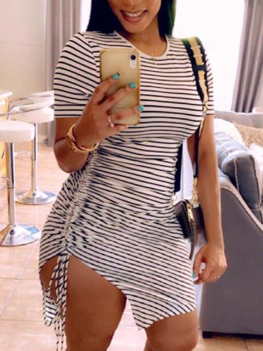 

Lovely Casual Striped Drawstring Black Mini Dress, Black stripe