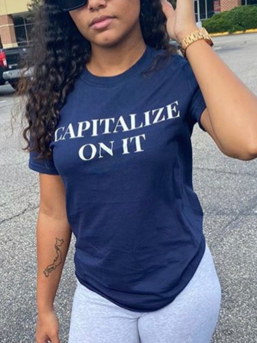 

LW Street O Neck Letter Print Blue T-shirt