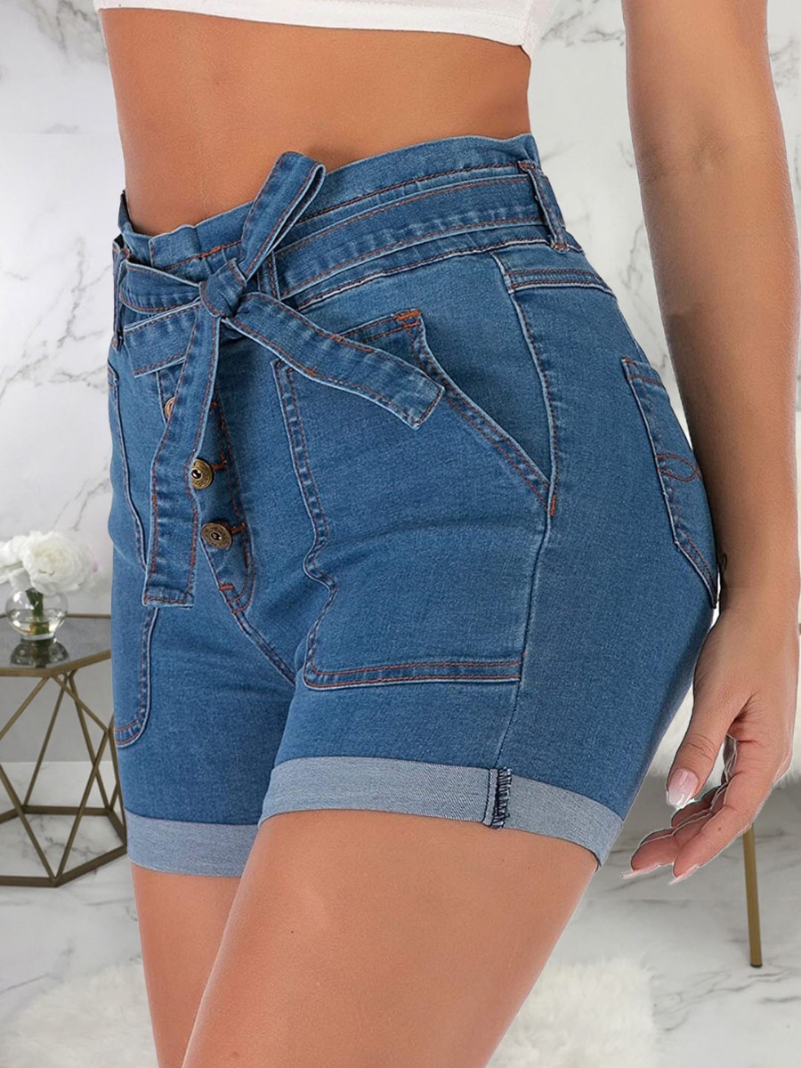 

LW Sweet High-waisted Bandage Design Deep Blue Denim Shorts