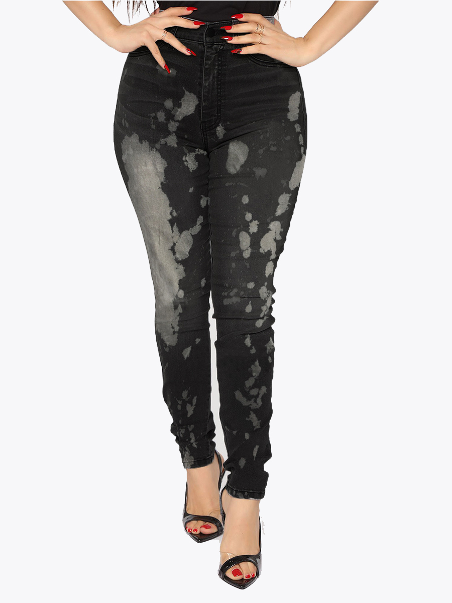 

LW High-waisted Pocket Design Splash-ink Jeans, Black