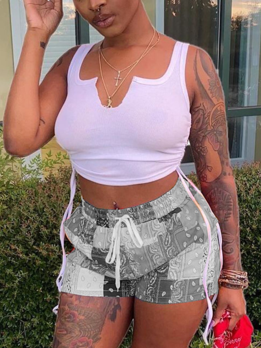 

Lovely Street Rib-Knit Cashew Print Drawstring Grey Two Piece Shorts Set