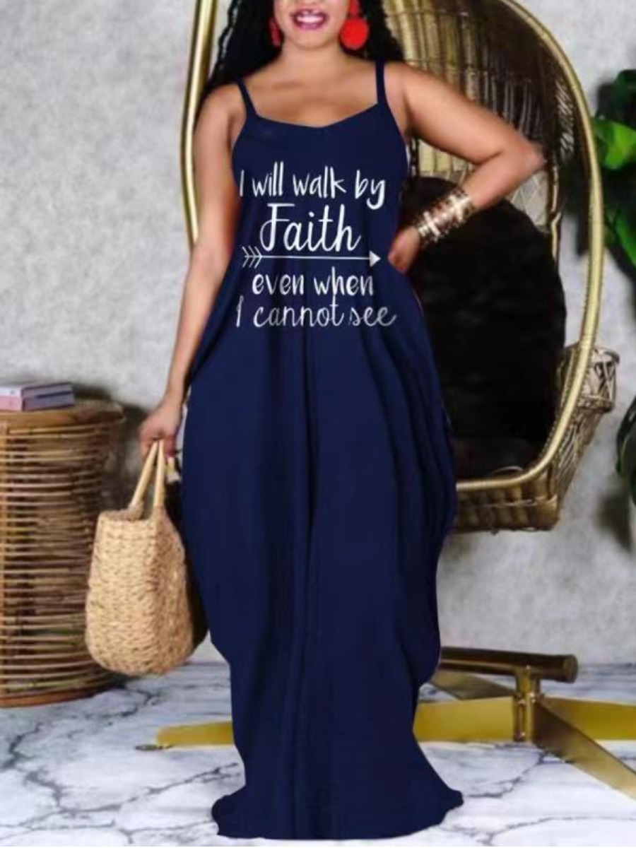

LW BASICS Plus Size Boho Letter Print Fold Design Deep Blue Floor Length Dress