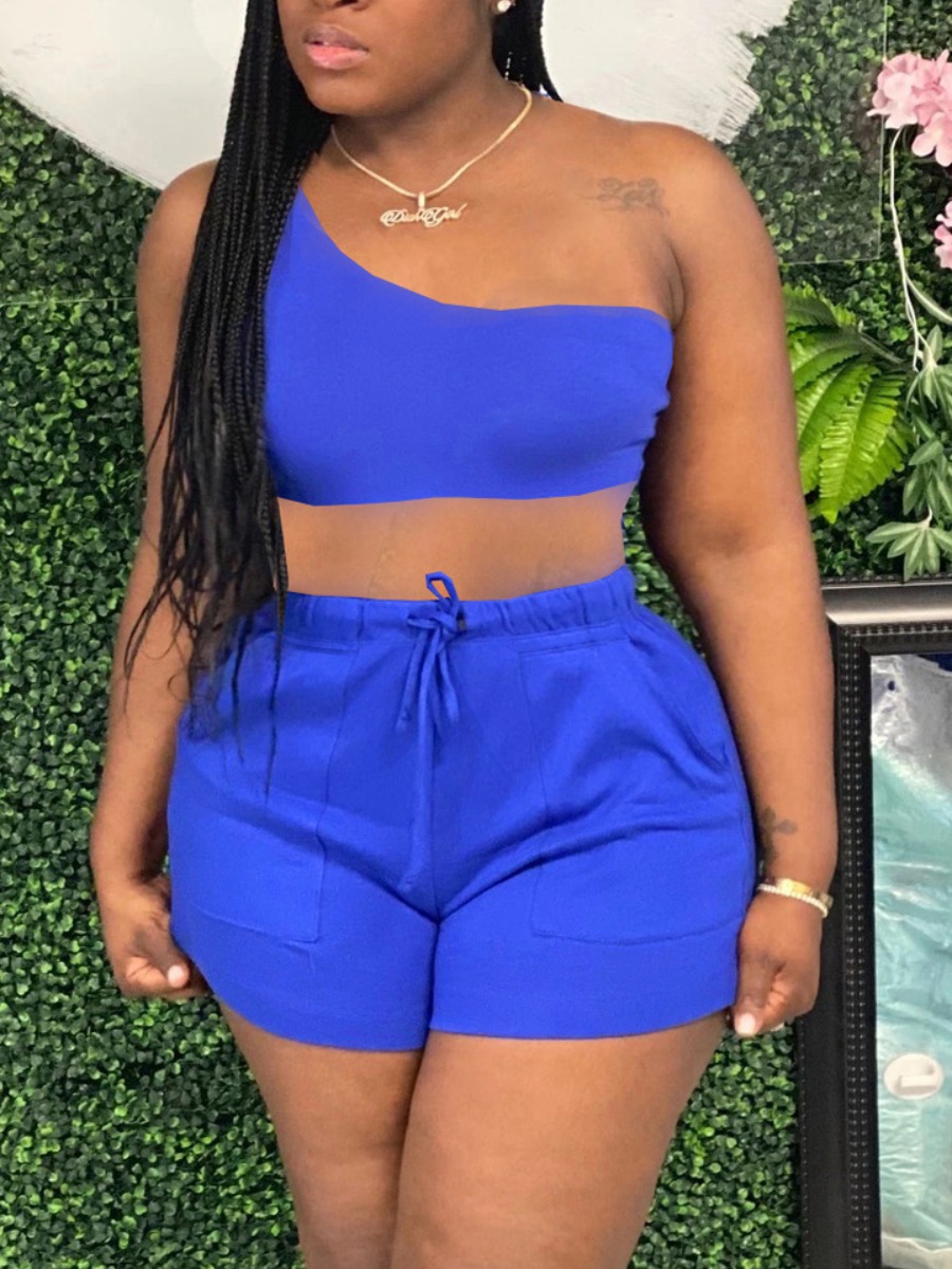 

Lovely Casual One Shoulder Drawstring Blue Two Piece Shorts Set