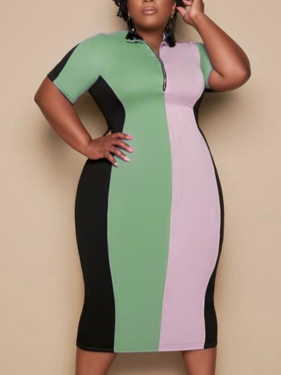 

Lovely Plus Size Street Striped Patchwork Light Green Knee Length Dress