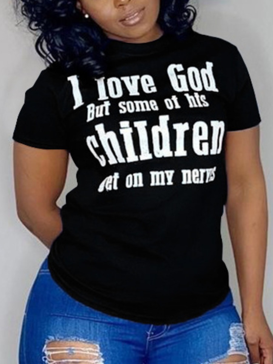 

Lovely Plus Size Street O Neck Letter Print Black T-shirt