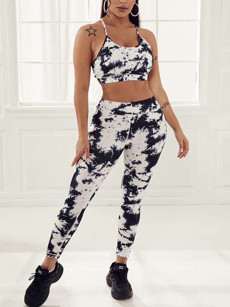 

Lovely Sporty Tie Dye Cross Strap Black And White Yoga Two Piece Pants Set