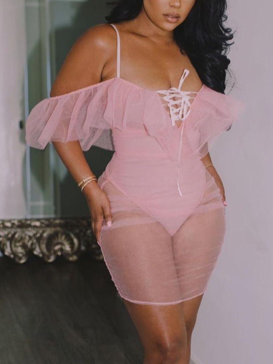 

Lovely Sexy Off The Shoulder See-through Pink Mini Dress